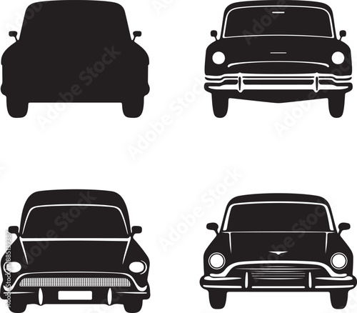 Collection of Vintage Car Front Silhouettes Set of Classic Automobiles in Black and White Perfect for Automotive Theme Projects on Transparent Backdrop