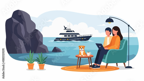 A couple relaxes by the sea with their dog, a yacht sails by