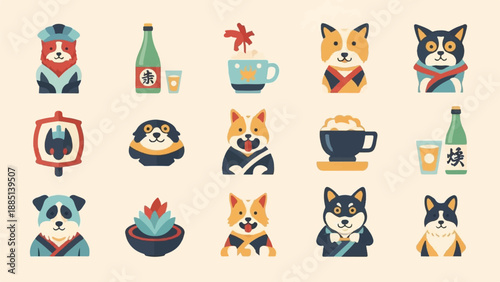 A collection of charming pixelated dogs and Japanese cultural items