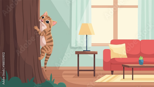 A curious tabby cat climbs a large tree indoors next to a sofa