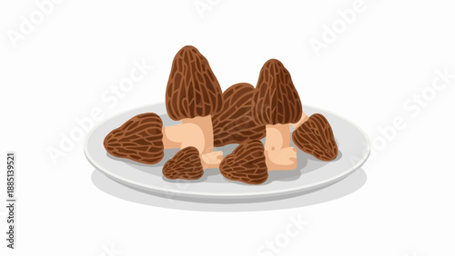 A collection of brown, textured morel mushrooms artfully arranged on a white plate