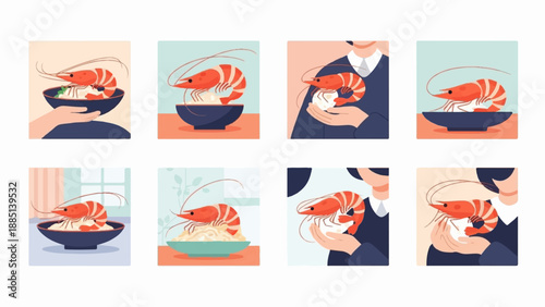 A collection of colorful illustrations showing shrimp served in bowls and held by hands
