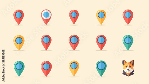 A collection of colorful map pin icons and a cute dog portrait