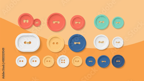 A collection of colorful round and oval buttons of various sizes on an orange background