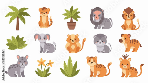 A collection of cute cartoon wild animals and plants in a jungle theme