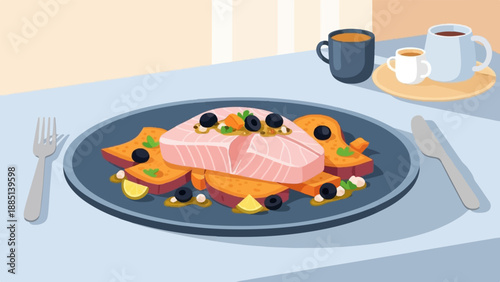 A delicious salmon steak with olives and lemon on toast served with coffee