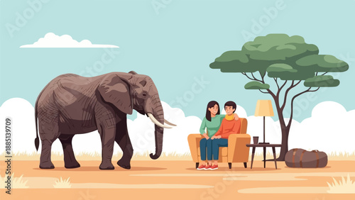 A couple relaxes on a sofa near a tree, an elephant roams nearby