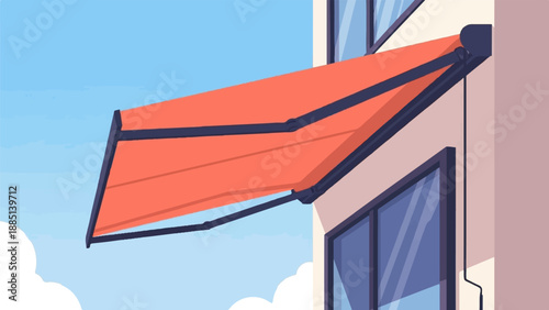 A colorful awning extends from a building against a bright blue sky with clouds