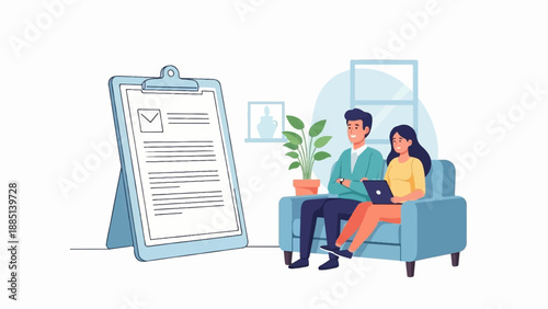 A couple relaxes on a sofa with a laptop while a checklist stands nearby