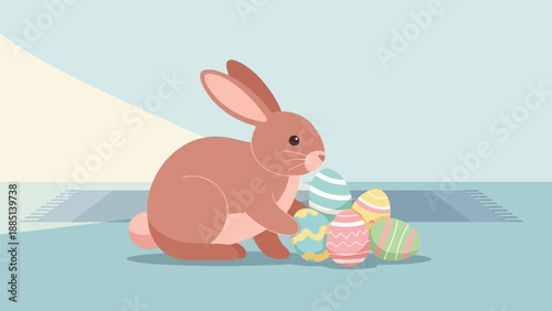 A cute brown rabbit sits beside colorful painted Easter eggs on a soft blue surface