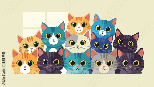 A delightful illustration of an adorable cat family peeking over a blank space