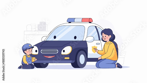 A cheerful cartoon mother and child wash a friendly police car