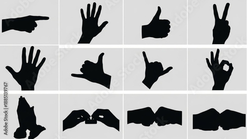 Collection of Black Hand Gestures Silhouettes Isolated on White Background.