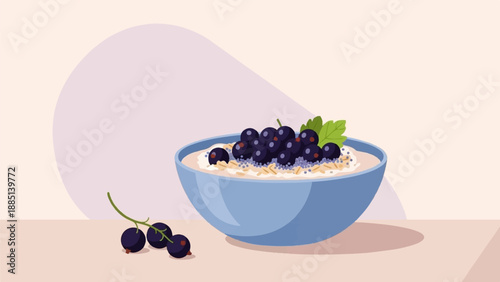 A blue bowl of oatmeal topped with blackcurrants and scattered berries