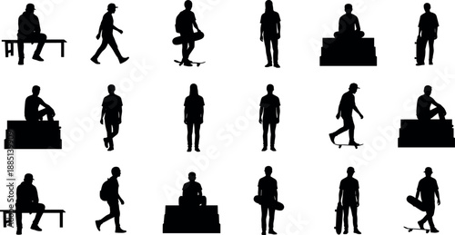 Set of Urban Skater Silhouettes Featuring People Walking Sitting Standing and Skateboarding for Architectural Diagrams and Modern Graphic Design Vector