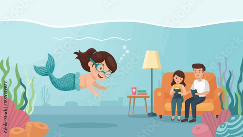A child mermaid swims while two people read on a couch