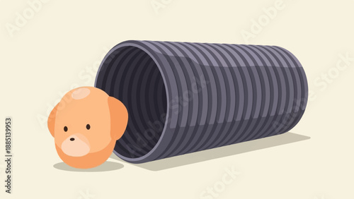 A cute cartoon dog peeking out from a large grey tunnel