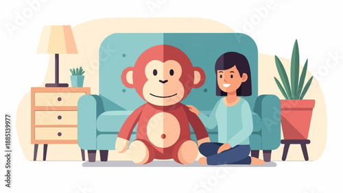 A child sits with a large stuffed monkey in a cozy living room