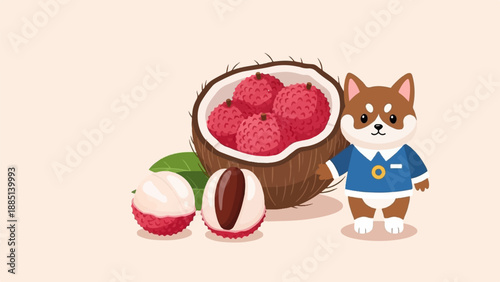 A cute cartoon dog stands next to a coconut full of lychees and some scattered fruits