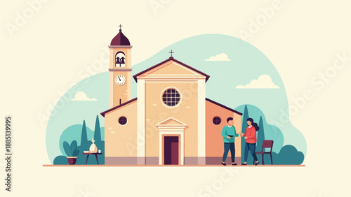 A couple stands outside a charming church with a bell tower, amidst greenery