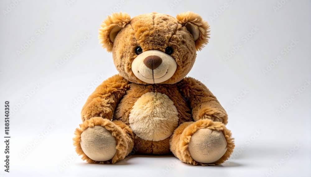 Fototapeta premium Brown Teddy Bear Sitting Against White Background in Studio Lighting
