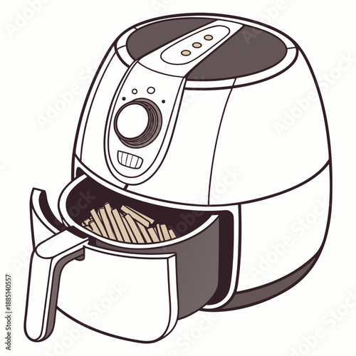 Modern kitchen air fryer appliance, a popular cooking gadget for healthy meals, isolated on a seamless white background.