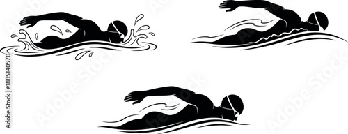 Swimming Man Silhouette Illustration Set Featuring Male Swimmer Performing Freestyle Stroke Graphics for Sports Competition Logo and Athlete Training Design