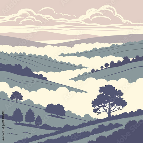 Ethereal valley landscape where soft clouds replace the ground, creating a surreal, dreamlike vista.