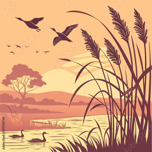Peaceful coastal marsh at sunset, rendered with smooth vector lines and a warm, serene atmosphere.