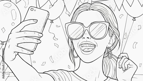 Children's coloring book - Young woman taking selfie at celebration with balloons and confetti  