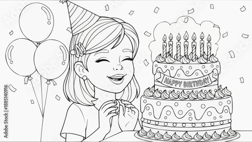 Children's coloring book - A happy girl with her eyes closed makes a wish with a birthday cake and balloons