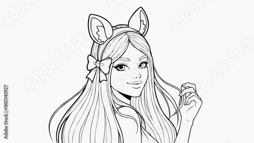 Children's coloring book - Cartoon girl with cat ears and long hair smiling playfully  