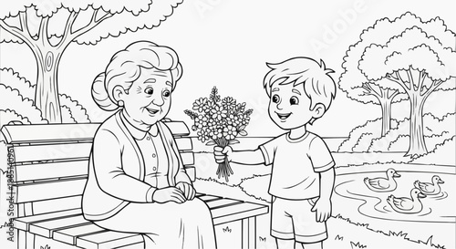 Children's coloring book - A boy congratulates on a holiday and gives flowers to an elderly woman on a park bench