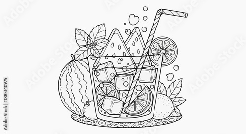 Children's coloring book - Line art of refreshing fruit cocktail with ice and straw  