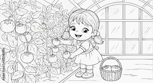 Children's coloring book - A girl picks tomatoes in a greenhouse