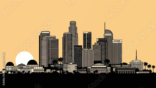 Los Angeles Skyline Silhouette at Sunset with Modern Skyscrapers and Palm Trees