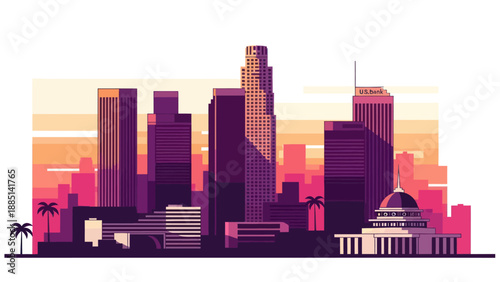 Los Angeles Skyline Silhouette at Sunset, Modern Architecture, Palm Trees