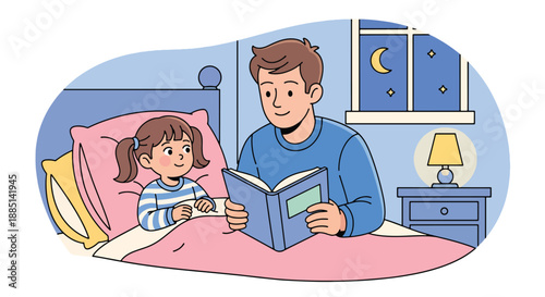 Vector illustration of a dad reading a bedtime story to his daughter, expressing care, imagination, and peaceful family time in a cozy flat vector home scene