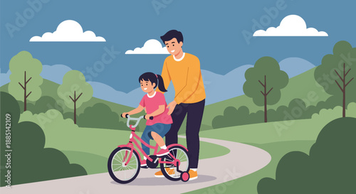 Vector illustration of a father teaching his daughter to ride a bicycle in a park, representing outdoor bonding, encouragement, and joyful family moments in flat vector style