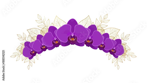 Purple Orchid Flowers with Golden Leaves Garland - White Background