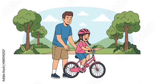 Vector illustration of a father teaching his daughter to ride a bicycle in a park, representing outdoor bonding, encouragement, and joyful family moments in flat vector style