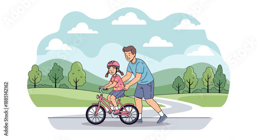 Vector illustration of a father teaching his daughter to ride a bicycle in a park, representing outdoor bonding, encouragement, and joyful family moments in flat vector style