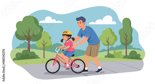 Vector illustration of a father teaching his daughter to ride a bicycle in a park, representing outdoor bonding, encouragement, and joyful family moments in flat vector style