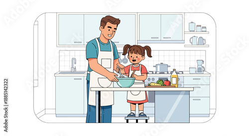 Vector illustration of a dad and daughter cooking together in the kitchen, showing teamwork, learning life skills, and happy family bonding in flat vector style