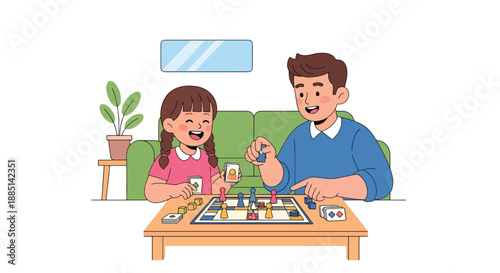 Vector illustration of a father playing board games with his daughter at home, expressing fun family time, bonding, and positive leisure moments in flat vector style