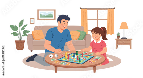 Vector illustration of a father playing board games with his daughter at home, expressing fun family time, bonding, and positive leisure moments in flat vector style