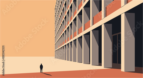 A solitary figure stands before a towering, modern architectural facade, emphasizing scale and urban isolation against a minimalist backdrop.