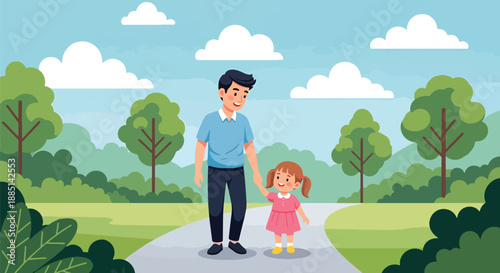 Vector illustration of a dad walking hand in hand with his daughter in a park, symbolizing safety, love, and peaceful family bonding in a flat modern style
