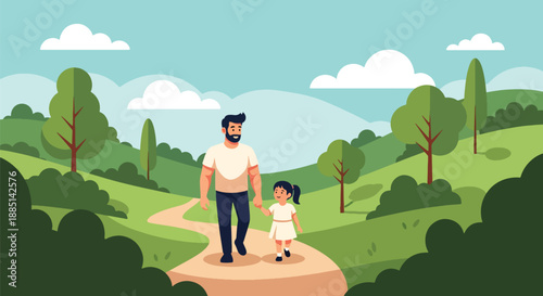 Vector illustration of a dad walking hand in hand with his daughter in a park, symbolizing safety, love, and peaceful family bonding in a flat modern style