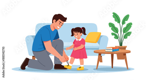 Vector illustration of a father helping his daughter tie her shoelaces, highlighting learning life skills and supportive parenting in a clean flat vector scene